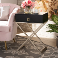 Baxton Studio JY1956-NS Patricia Modern and Contemporary Black Finished Wood and Powder Coated Brass Effect Metal 1-Drawer Nightstand